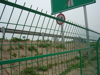 Green welded wire panels installed in steel frame for high way fencing